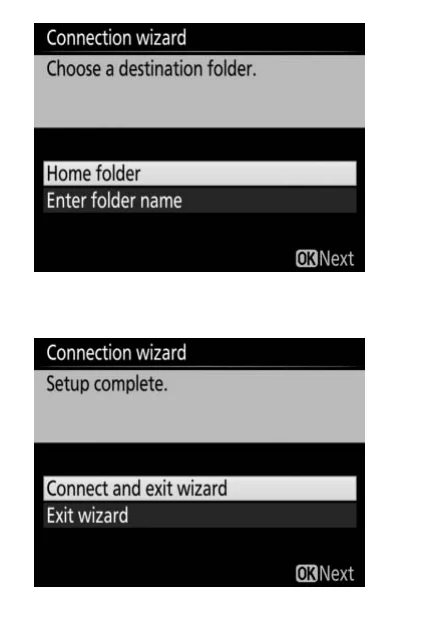 Nikon WT-7 destination folder and connect and exit wizard screens