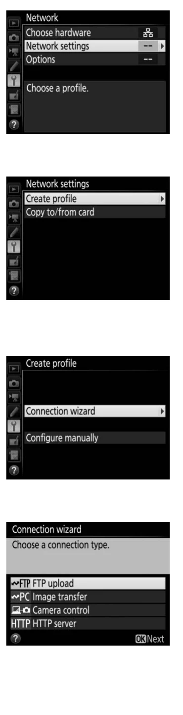 Nikon WT-7 Network settings Create profile Connection wizard and FTP upload screens