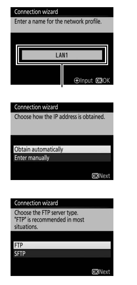Nikon WT-7 profile name IP address and FTP or SFTP server type screens