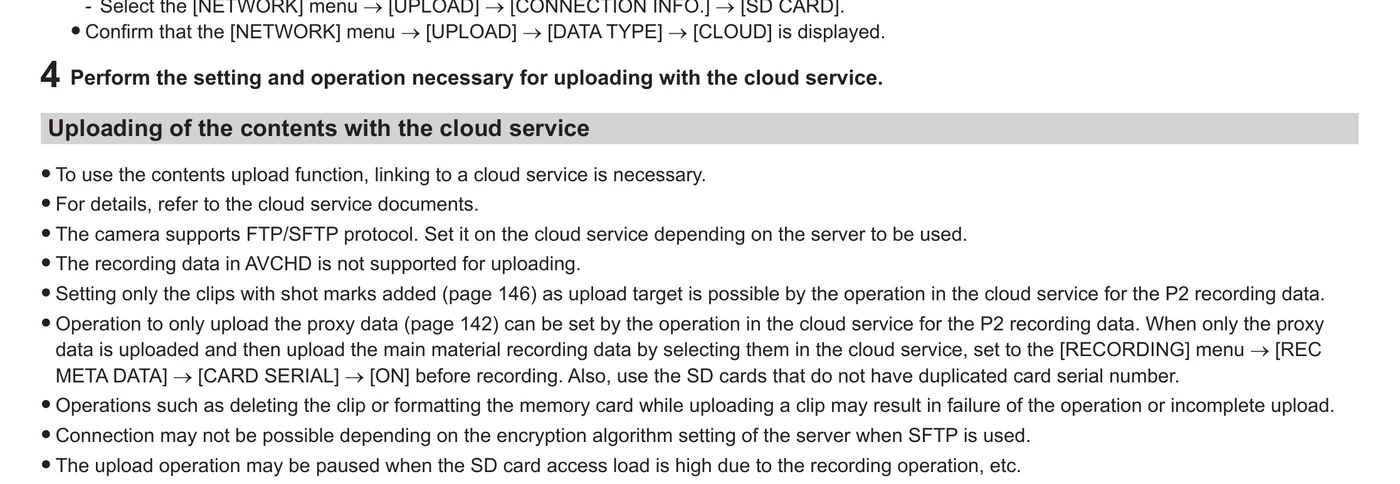 Panasonic AJ-CX4000G cloud contents upload policy and protocol notes