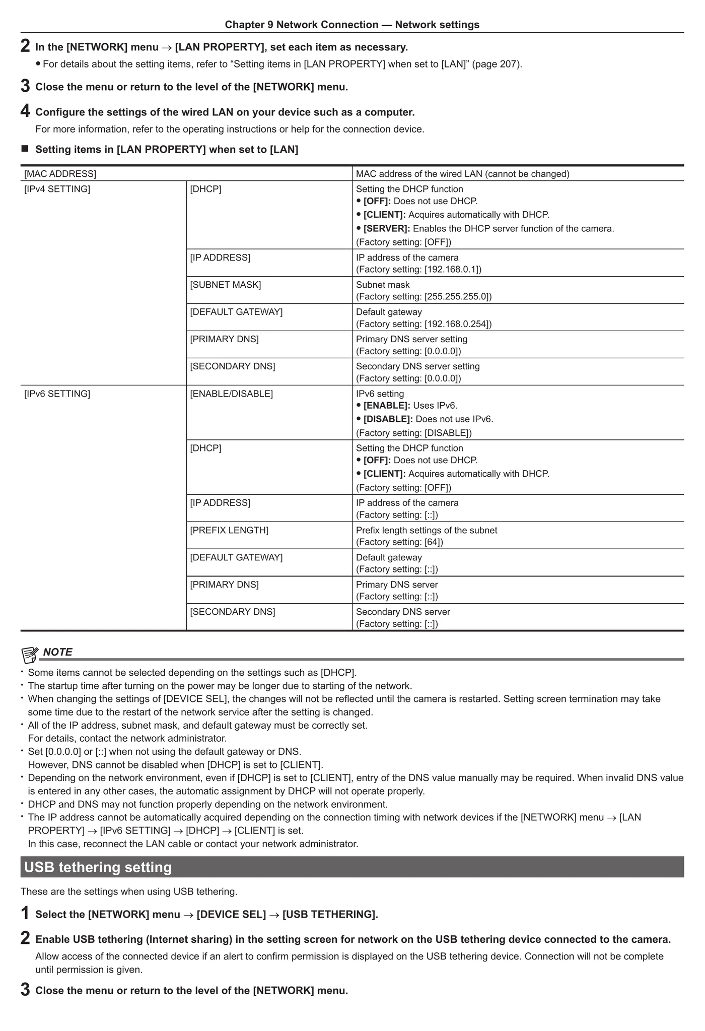 Panasonic AJ-CX4000G wired LAN and USB tethering network setting paths