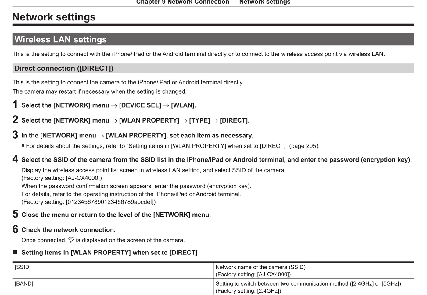 Panasonic AJ-CX4000G network menu and wireless LAN settings path