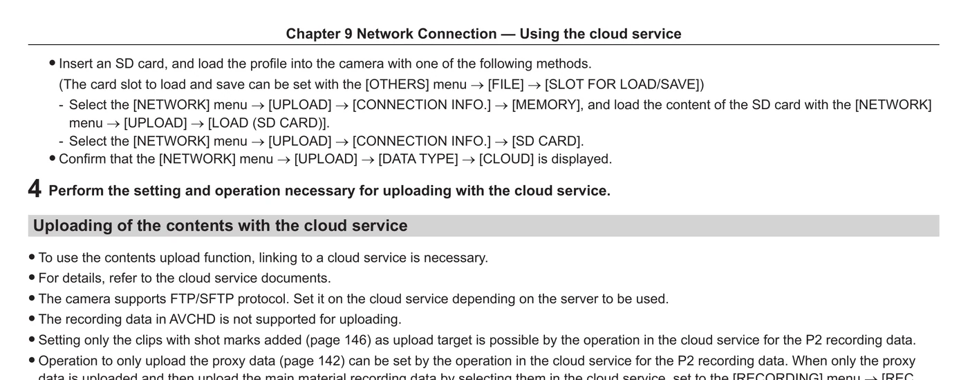 Panasonic AJ-CX4000G upload connection info and cloud data type menu paths