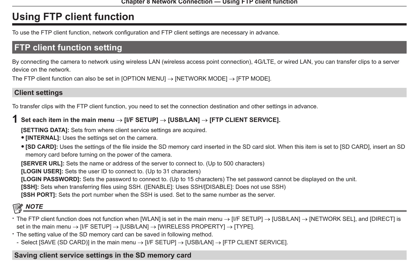 Panasonic AJ-PX5100G FTP client service path, server URL, credentials, and SSH settings