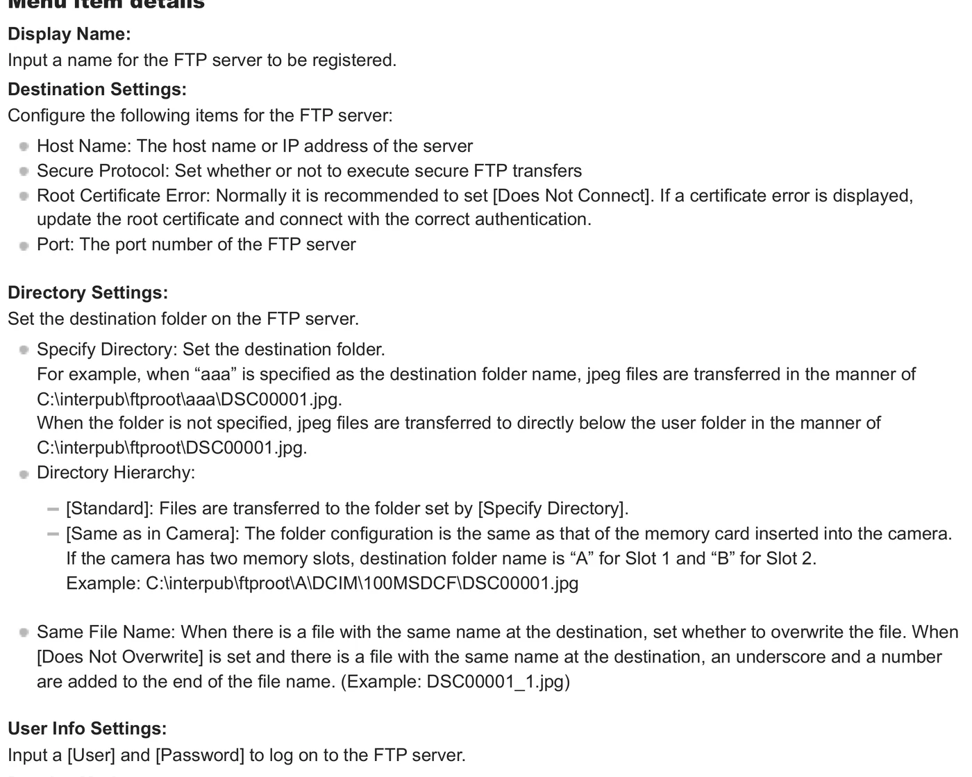 Sony Alpha FTP Help Guide v1 destination directory and user information fields