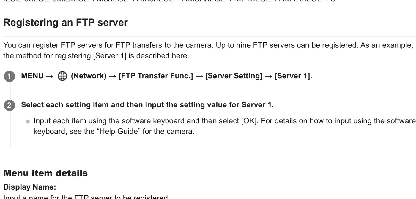 Sony Alpha FTP Help Guide v1 exact menu path for registering Server 1
