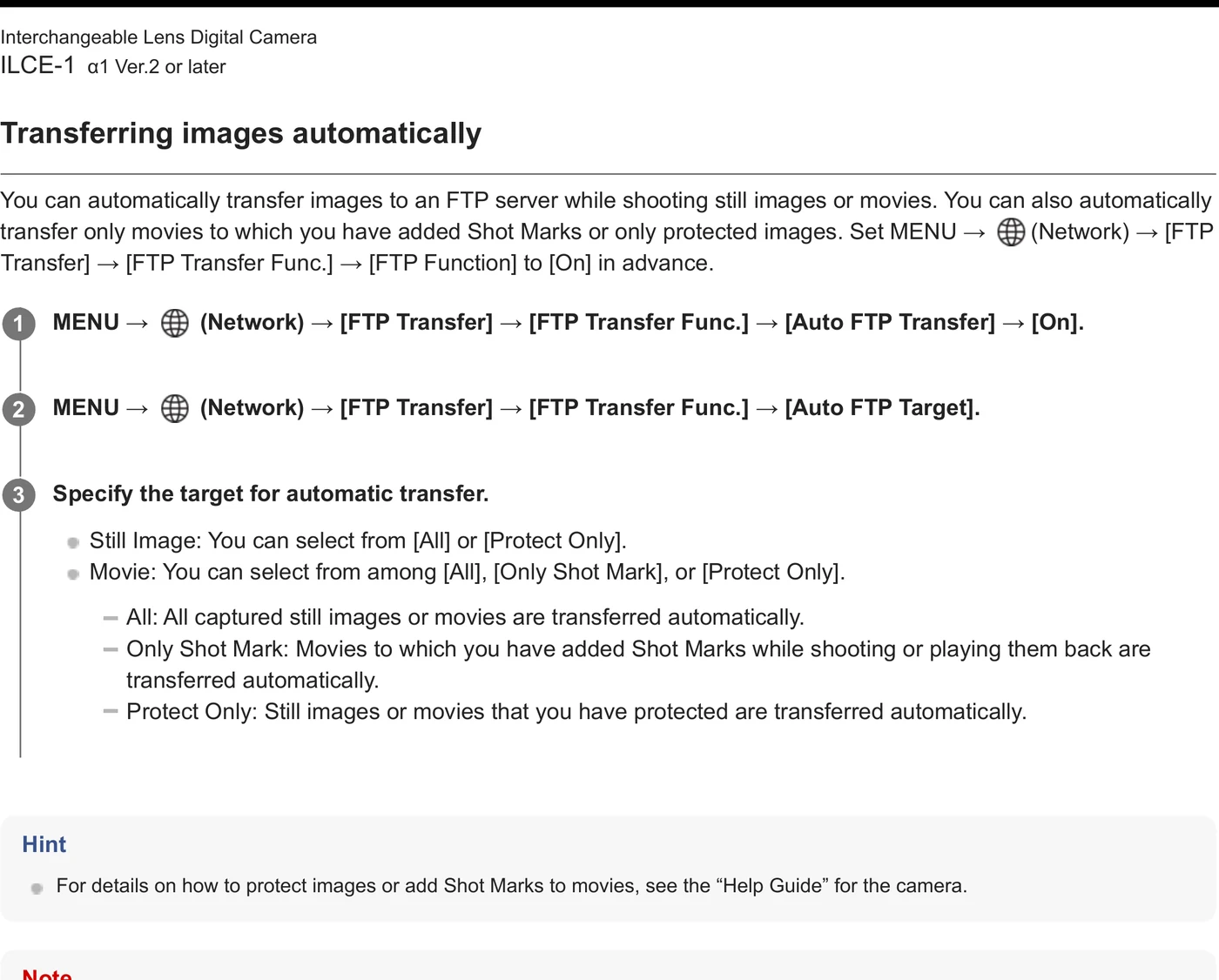 Sony ILCE-1 Alpha 1 automatic FTP transfer menu path and transfer target choices