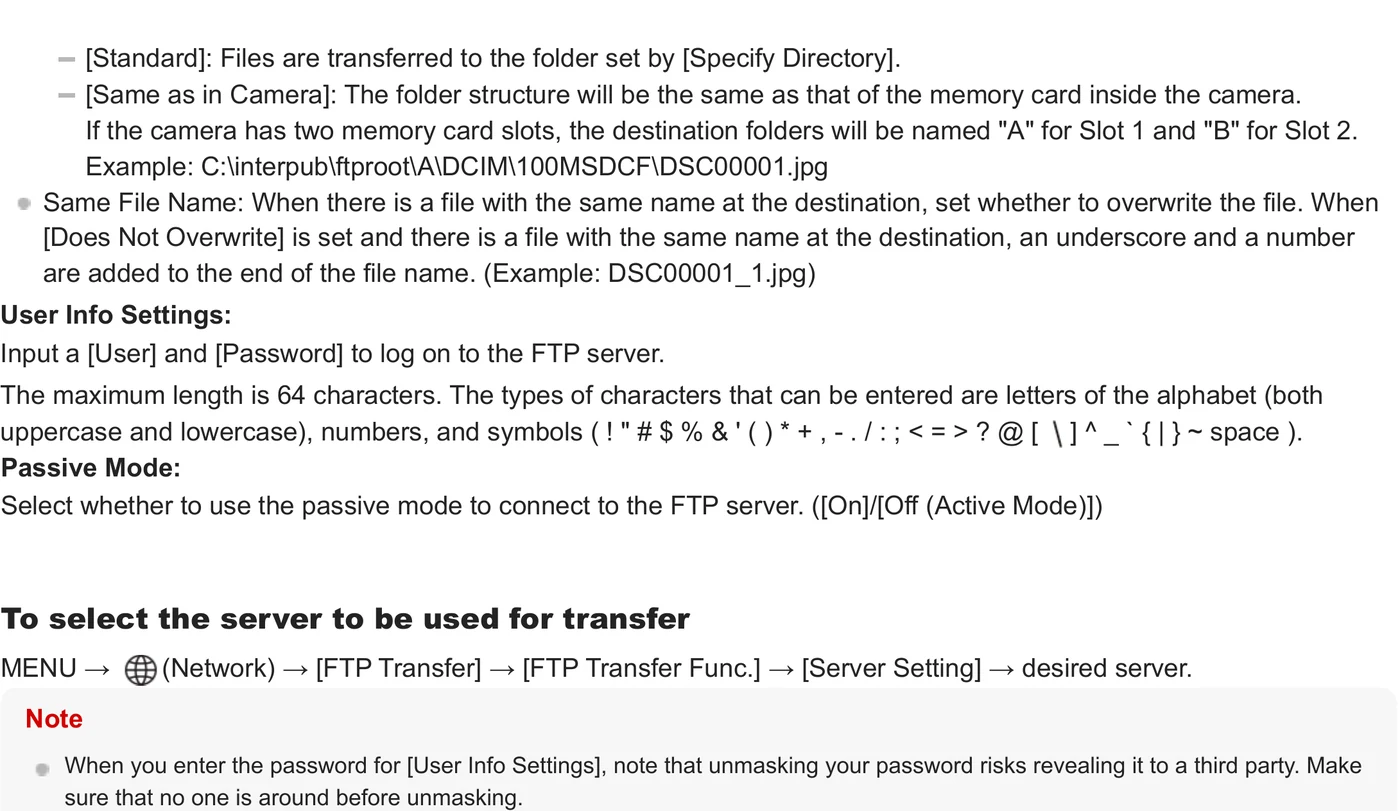 Sony ILCE-1 Alpha 1 FTP user info, passive mode, and saved server selection settings