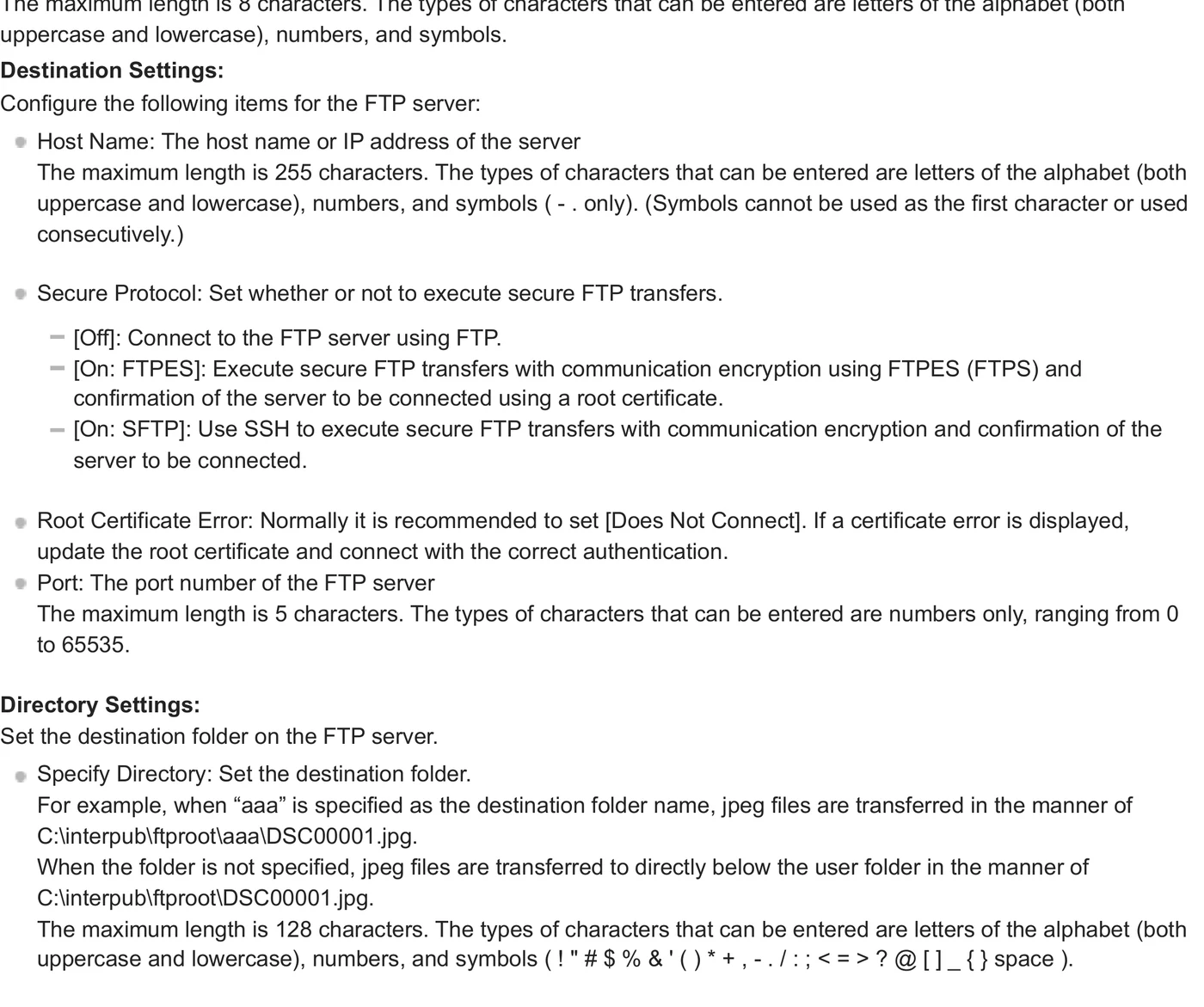 Sony ILCE-1 Alpha 1 FTP destination settings for host, secure protocol, port, and directory