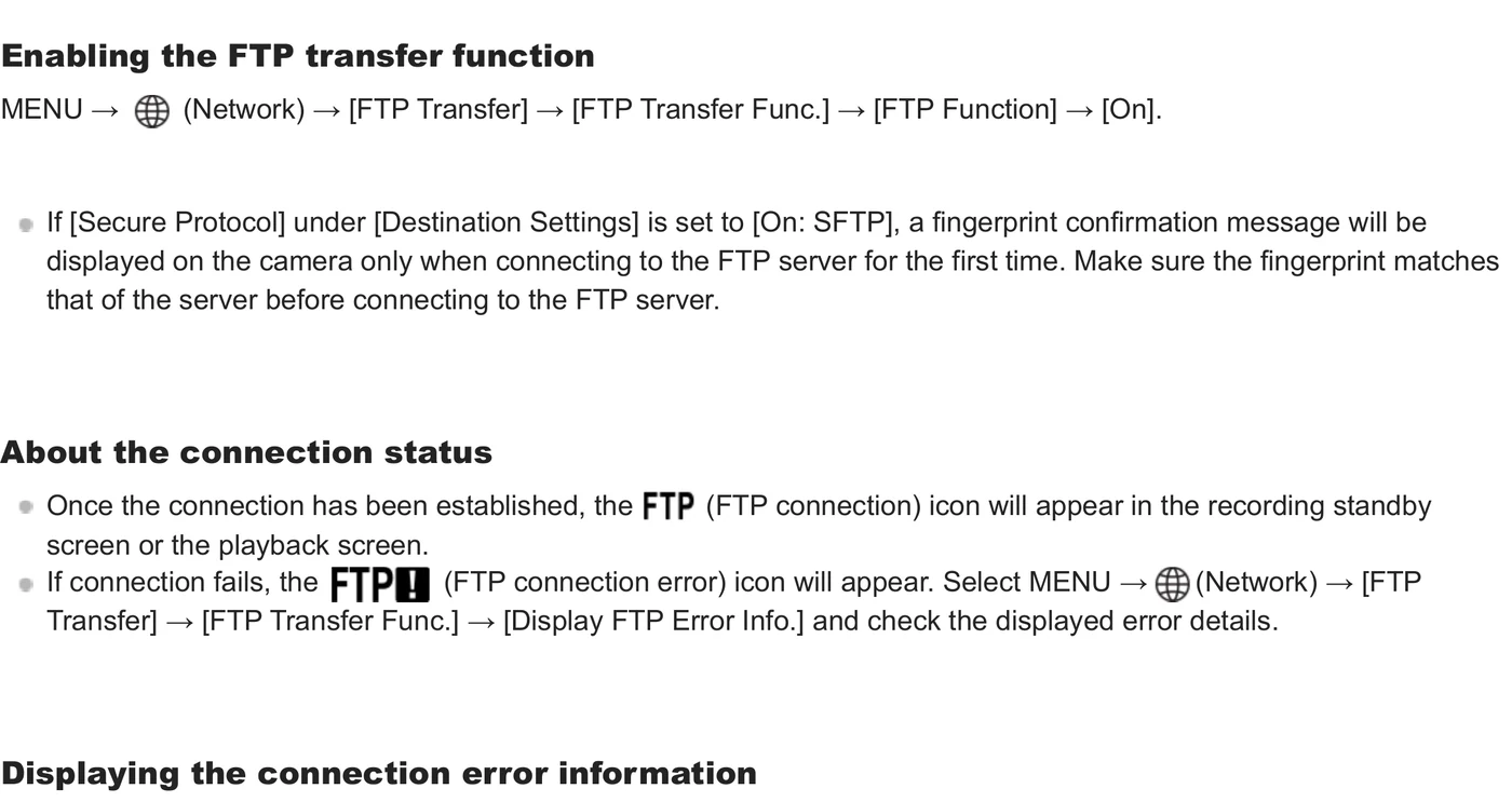Sony ILCE-1 Alpha 1 FTP Function On menu path and connection status indicators