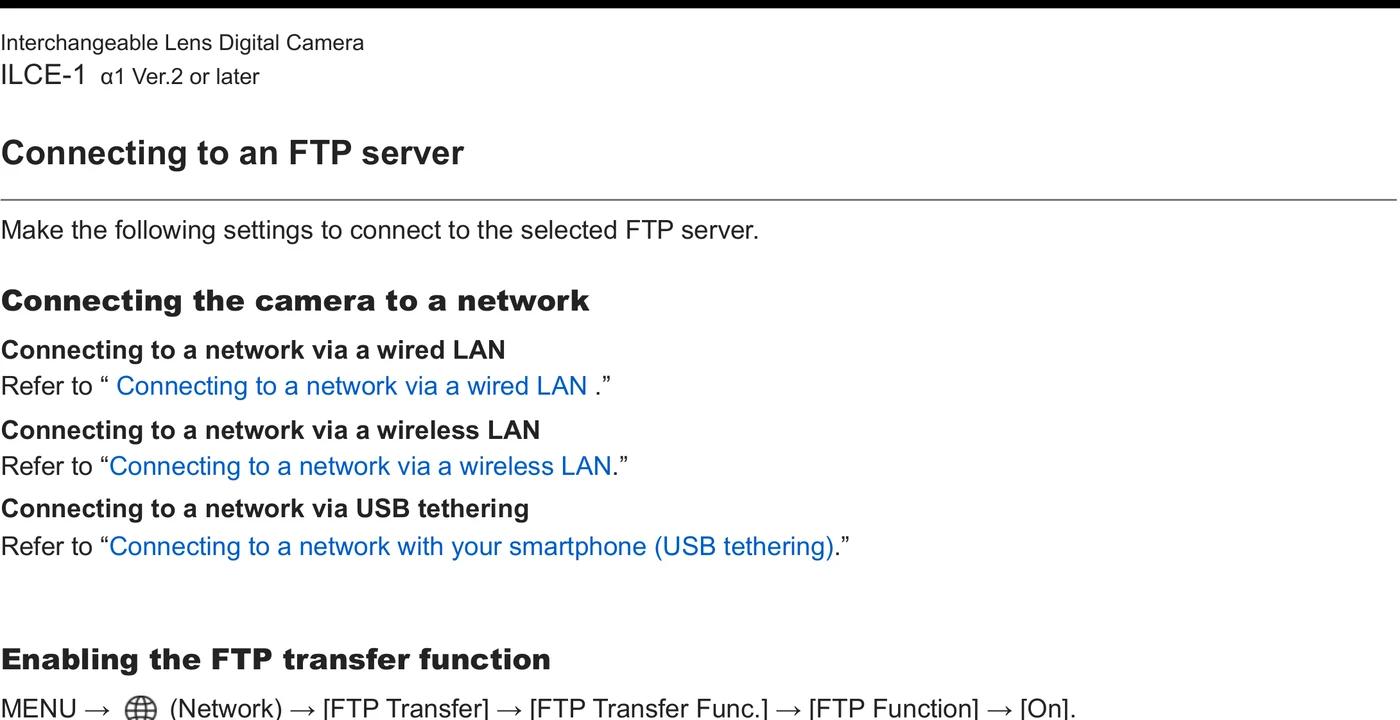 Sony ILCE-1 Alpha 1 FTP Help Guide network route and FTP transfer function menu path