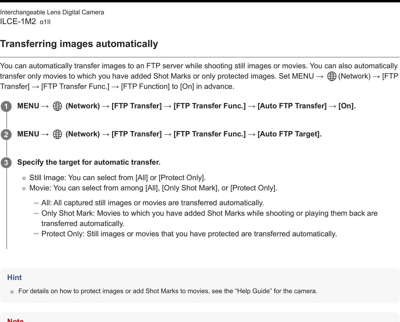 Sony ILCE-1M2 Alpha 1 II automatic FTP transfer menu path and target choices