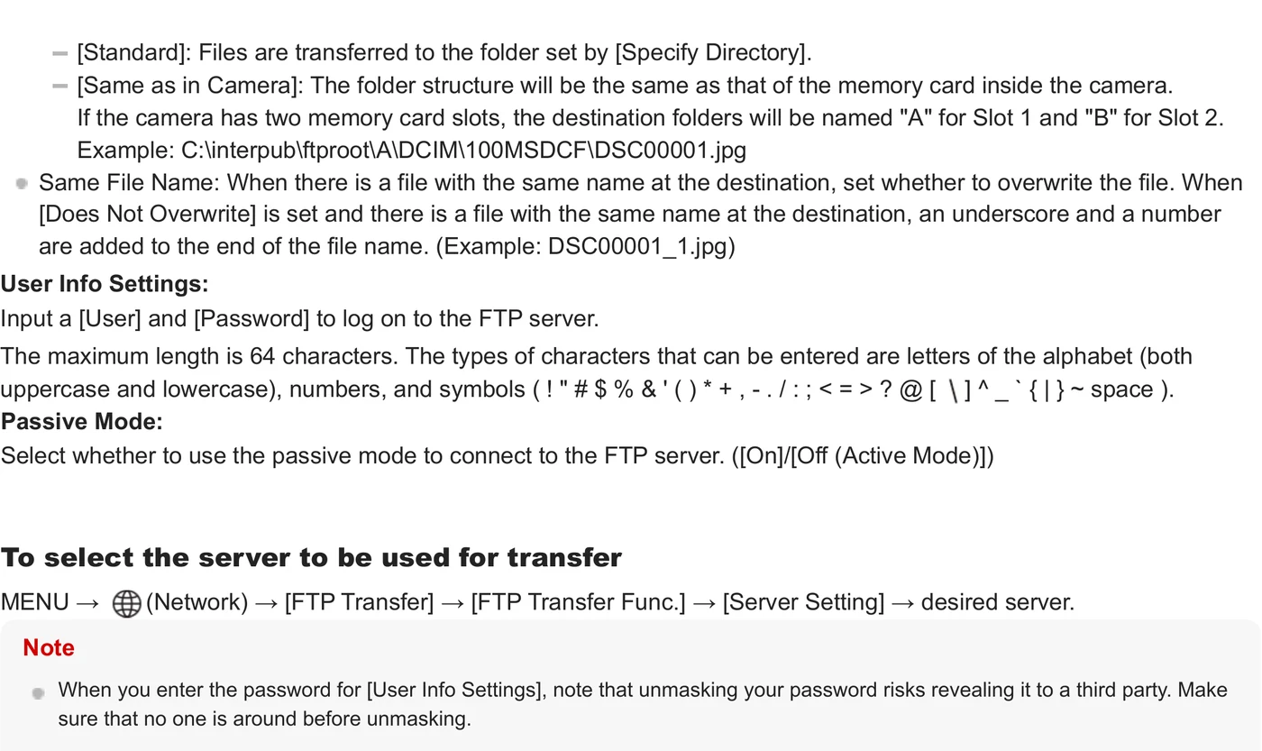 Sony ILCE-1M2 Alpha 1 II FTP user info, passive mode, and server selection settings