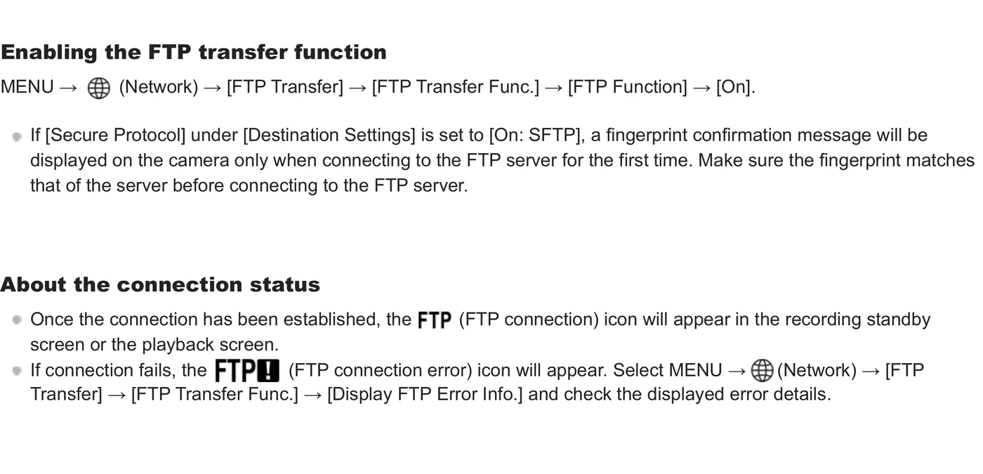 Sony ILCE-1M2 Alpha 1 II FTP Function On path and connection status