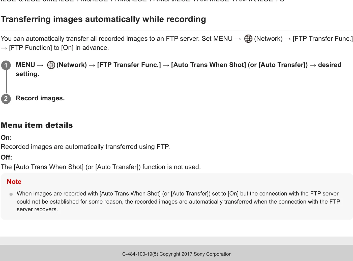 Sony ILCE-9M2 Alpha 9 II automatic transfer while recording menu path