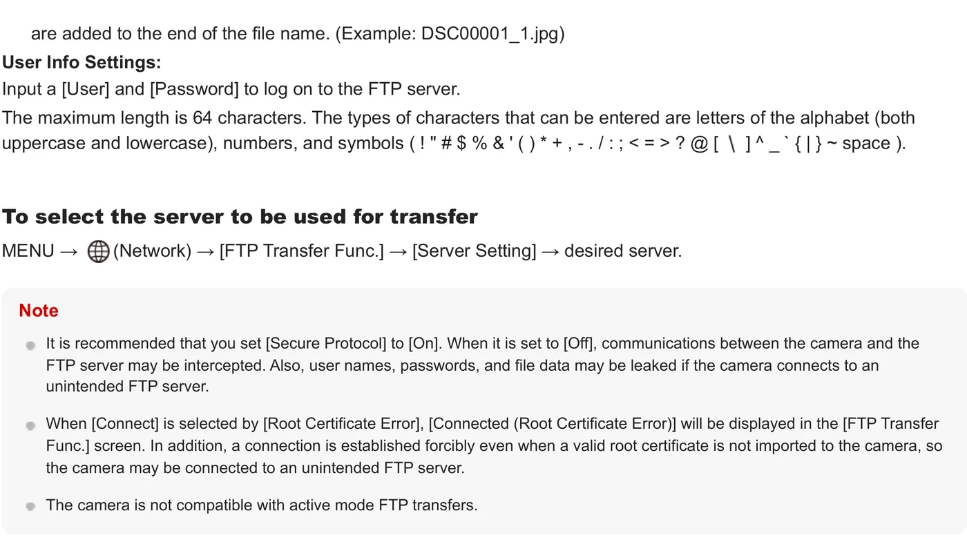 Sony ILCE-9M2 Alpha 9 II user info and server selection settings