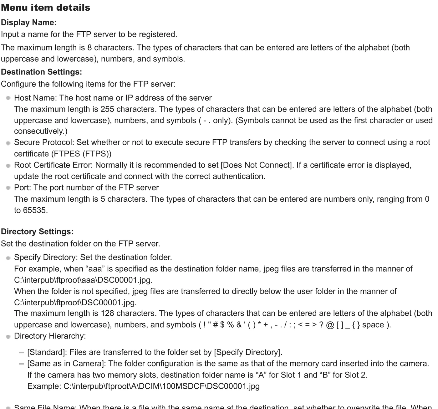 Sony ILCE-9M2 Alpha 9 II FTP host, secure protocol, port, and directory settings
