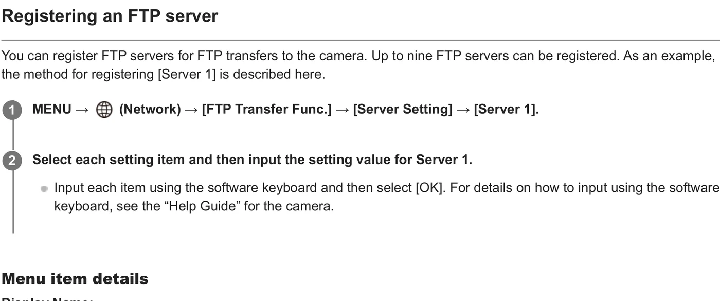Sony ILCE-9M2 Alpha 9 II FTP server registration path and Server 1 selection