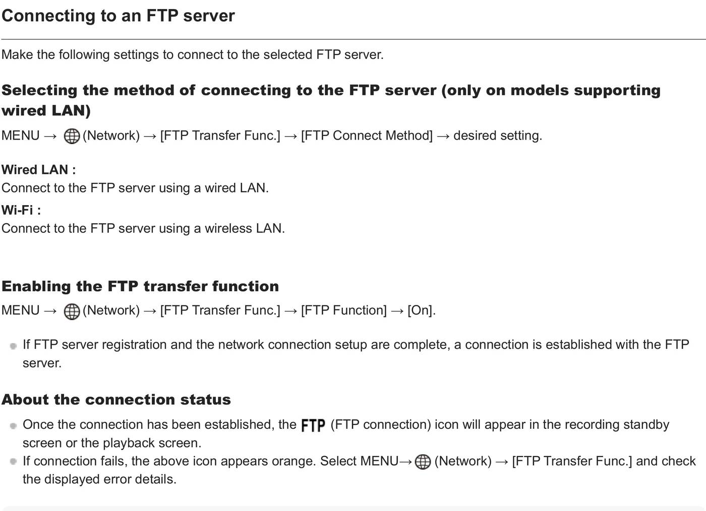 Sony ILCE-9M2 Alpha 9 II FTP connection method and FTP Function menu path
