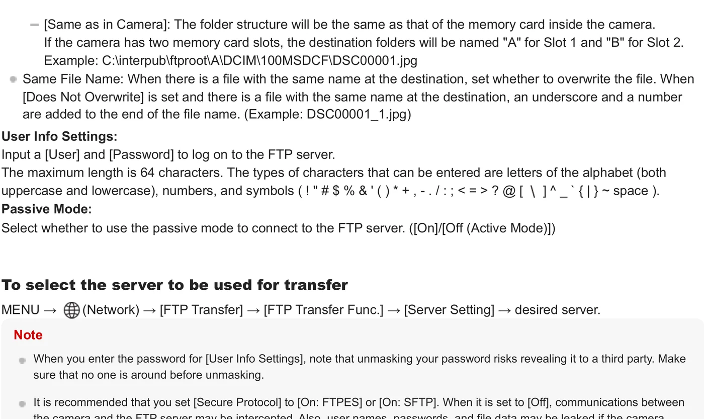 Sony ILCE-9M3 Alpha 9 III FTP user info, passive mode, and server selection settings