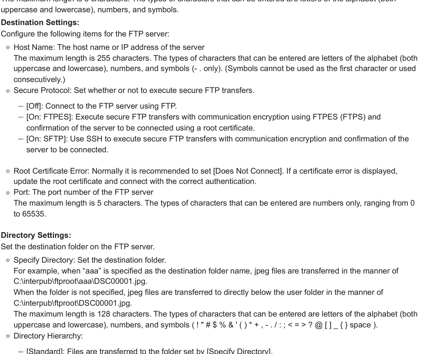 Sony ILCE-9M3 Alpha 9 III FTP destination settings for host, secure protocol, port, and directory