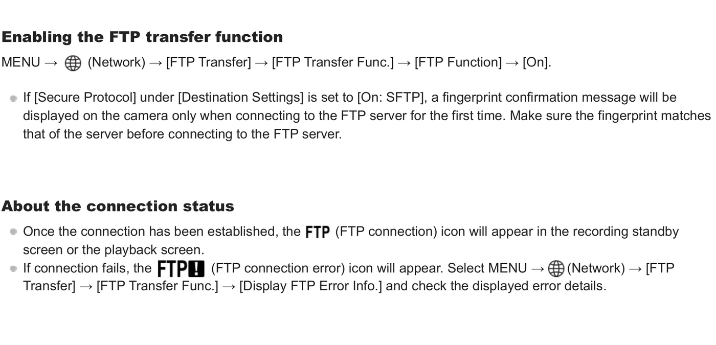 Sony ILCE-9M3 Alpha 9 III FTP Function On menu path and connection status