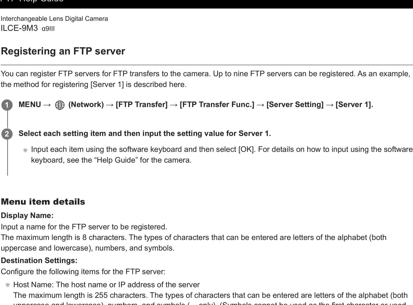 Sony ILCE-9M3 Alpha 9 III FTP server registration menu path