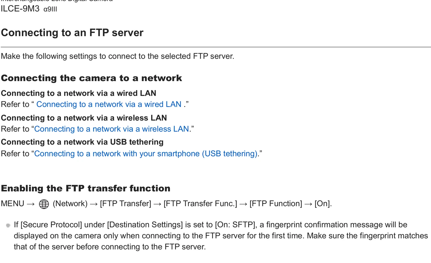 Sony ILCE-9M3 Alpha 9 III FTP network route and transfer function menu path