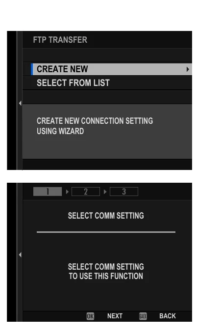 Fujifilm GFX100 II menus for creating an FTP transfer route and selecting its communication profile