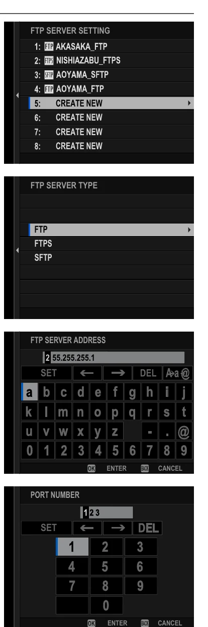 Fujifilm GFX100 II FTP server screens for protocol address port login and destination folder