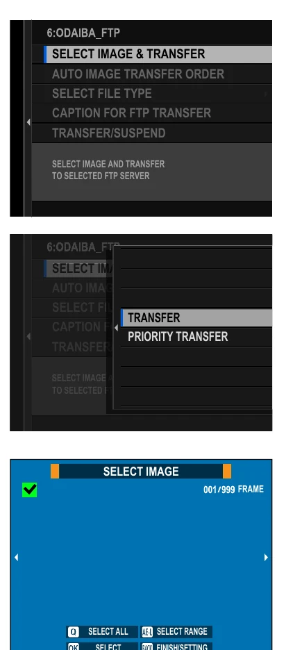 Fujifilm GFX100 II FTP optional settings and manual transfer selection screens