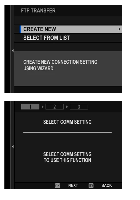 Fujifilm GFX100S II menus for creating an FTP transfer route and selecting wireless LAN