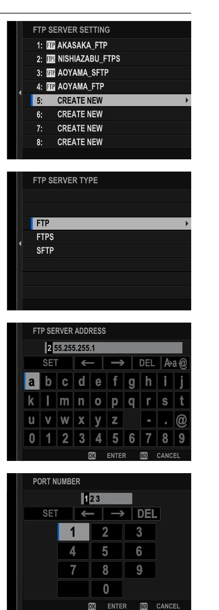 Fujifilm GFX100S II FTP server screens for protocol address port login and destination folder