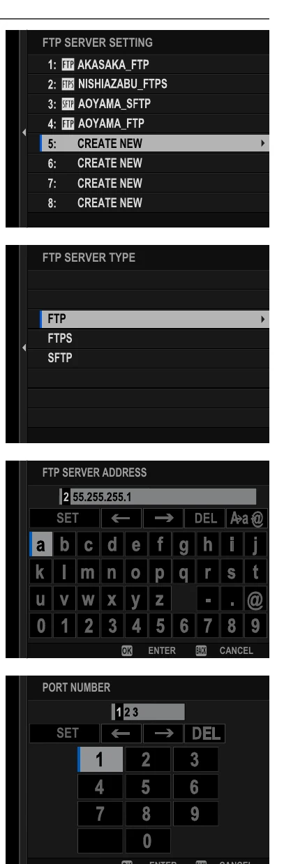 Fujifilm X-H2S FTP server profile screens for protocol address port login and destination folder
