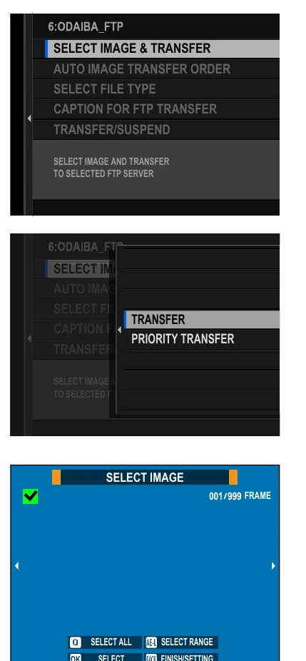 Fujifilm X-H2S FTP optional settings and image transfer selection screens