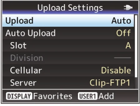 JVC GY-HC900 Upload Settings menu showing automatic upload slot division cellular and server controls