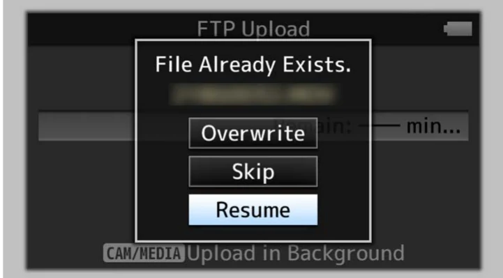 JVC GY-HM250 File Already Exists dialog with overwrite skip and resume choices