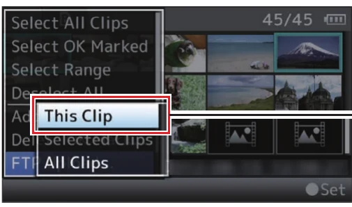 JVC GY-HM660 FTP Upload action menu with This Clip Selected Clips and All Clips