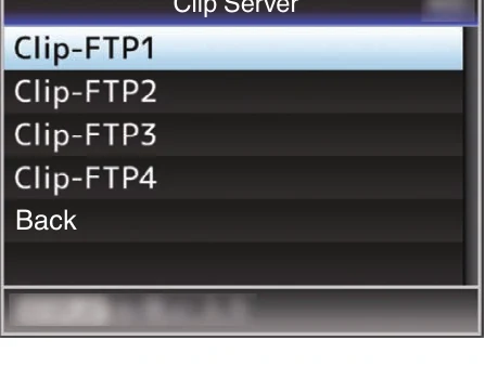 JVC GY-HM850 and GY-HM890 Clip Server menu with four FTP server presets
