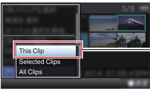 JVC GY-LS300 FTP Upload action menu with This Clip Selected Clips and All Clips