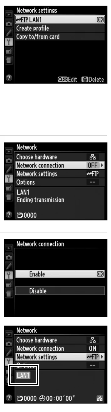 Nikon D4 Network menus showing an FTP profile, Network connection, Enable, and green connected status