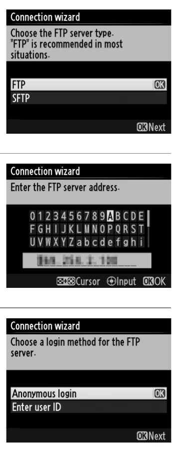 Nikon D4 connection wizard screens for FTP or SFTP, server address entry, and login method