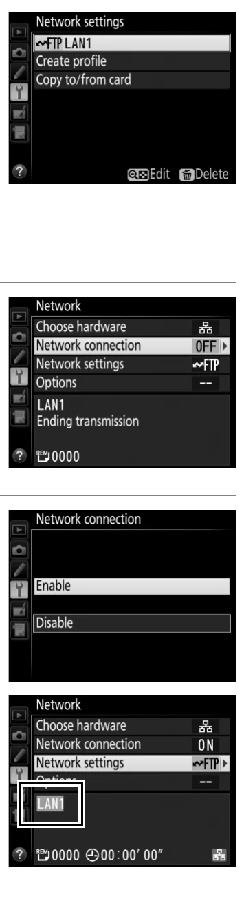 Nikon D4S Network menus showing an FTP profile, Network connection, Enable, and green connected status