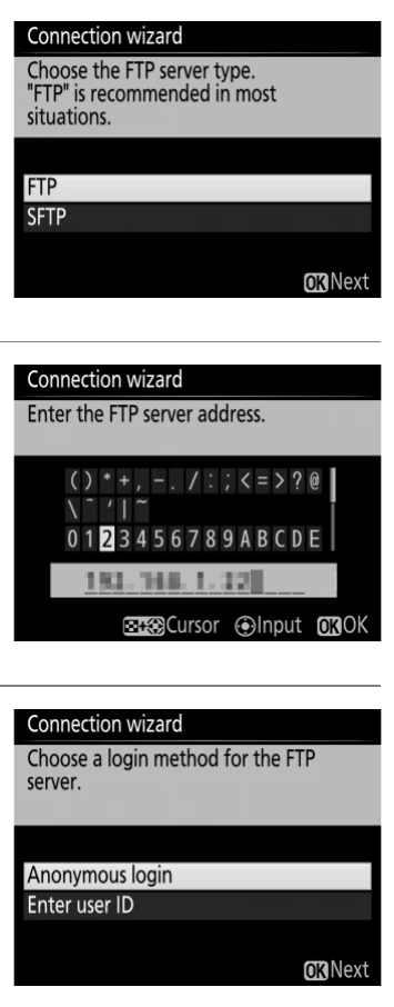 Nikon D4S connection wizard screens for FTP or SFTP, server address entry, and login method