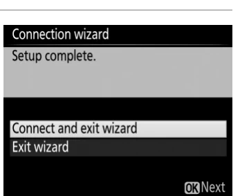 Nikon D4S connection wizard completion screen with Connect and exit wizard selected