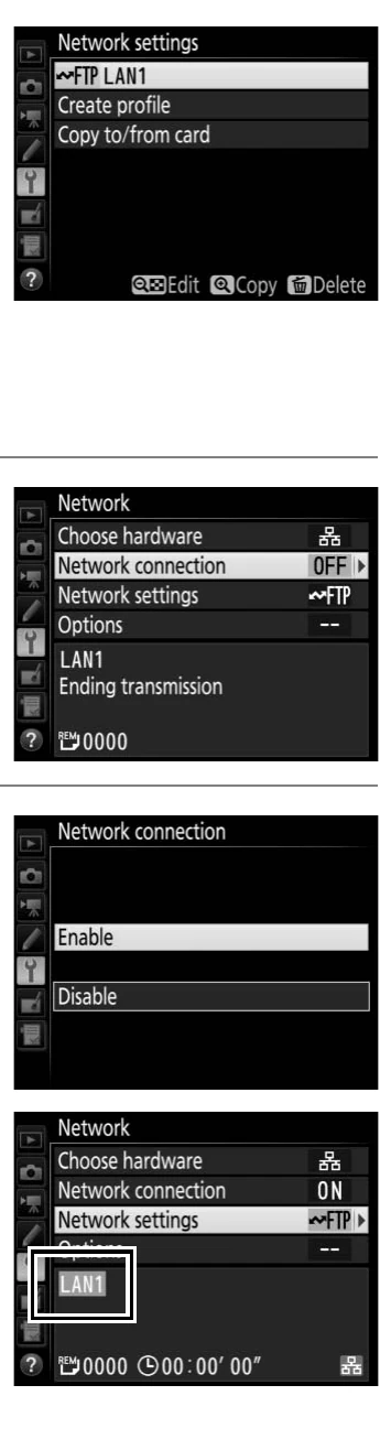 Nikon D5 Network menus showing an FTP profile, Network connection, Enable, and green connected status