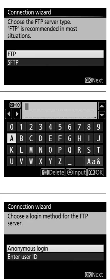 Nikon D5 connection wizard screens for FTP or SFTP, server address entry, and login method