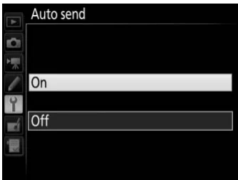 Nikon D500 Network Options menu with Auto send selected
