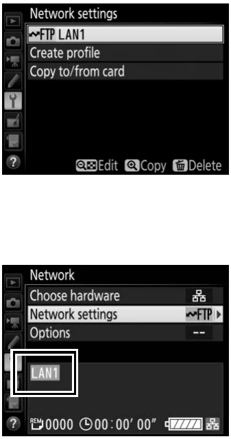 Nikon D500 network profile list and green connected FTP profile