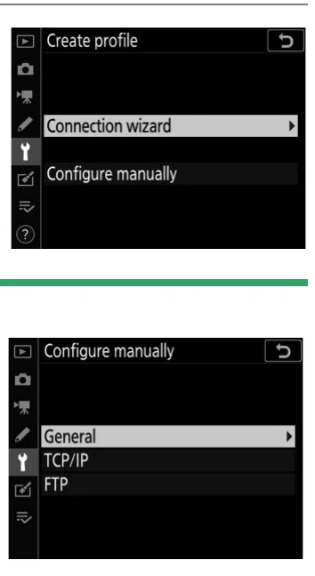 Nikon D6 Create profile screens showing Connection wizard and Configure manually